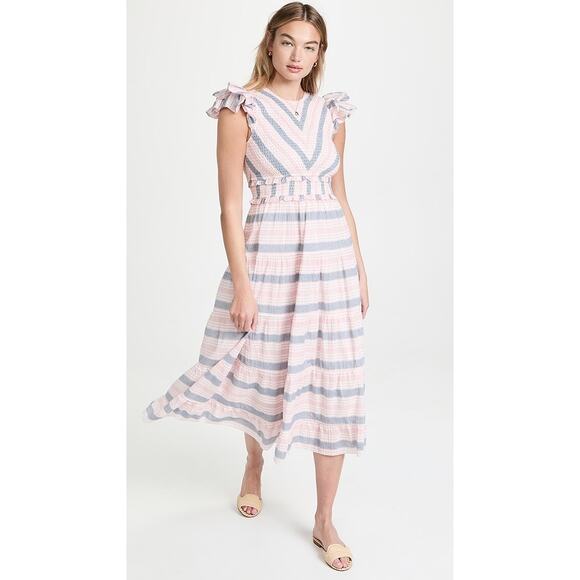 Saylor Alanna Striped Midi Dress Size XS Ruffle Sleeve in Pink/Blue - Picture 1 of 9